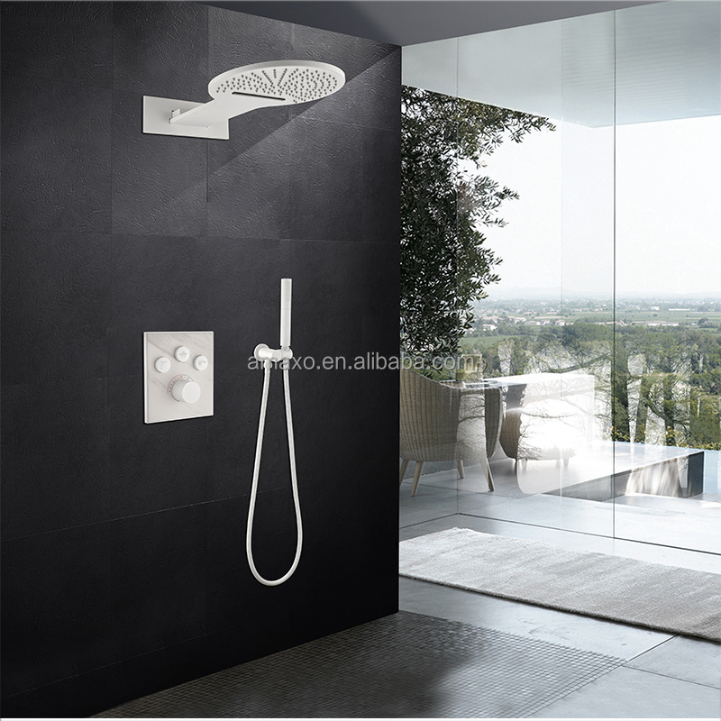 Rain And Waterfall Shower System Wall Mounted Shower Faucet Set  Matte White Thermostatic Shower System