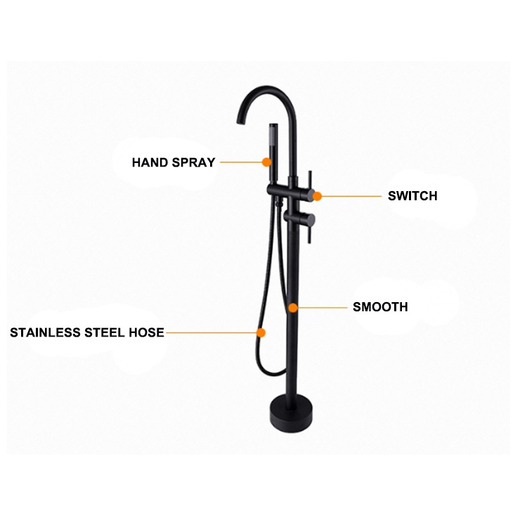 Brass Matte Black Floor Stand Bathtub Shower Mixer Floor Mounted Freestanding Bathroom Bathtub Faucet Set