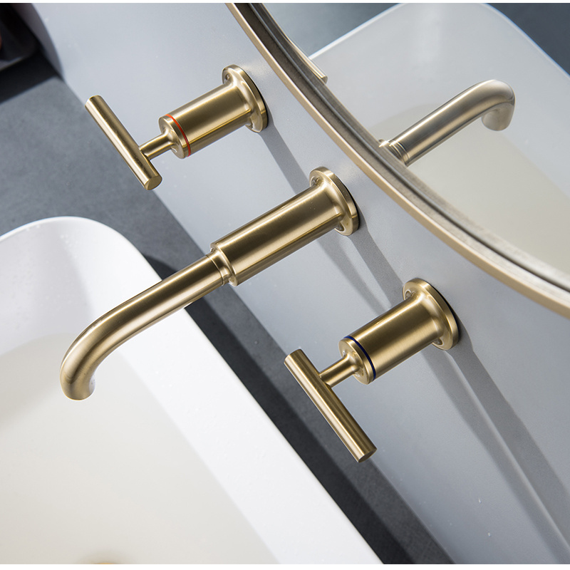 Solid Brass Bathroom Sink Faucet Brushed gold 2 Wheel Handles In Wall Mount Basin Mixer Tap