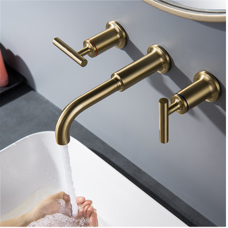 Solid Brass Bathroom Sink Faucet Brushed gold 2 Wheel Handles In Wall Mount Basin Mixer Tap