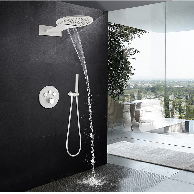 Rain And Waterfall Shower System Wall Mounted Shower Faucet Set  Matte White Thermostatic Shower System