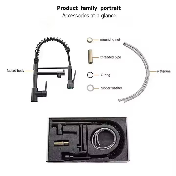 AMAXO  Black Pull Down Faucet Rotatable Double Outlet Retractable Universal  Kitchen Sink Tap Faucets