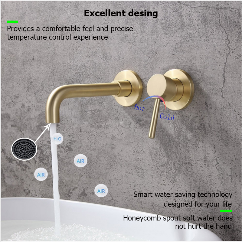 Brass brush gold 2 hole wall mount basin mixer taps faucet