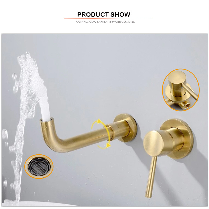 Brass brush gold 2 hole wall mount basin mixer taps faucet