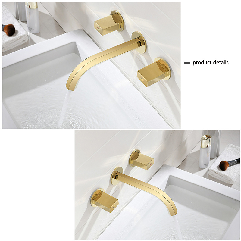 New Copper Brushed Gold Dark Wall-mounted Three-hole Bathroom Basin Faucet Hot and Cold Water Faucet