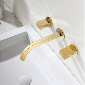 New Copper Brushed Gold Dark Wall-mounted Three-hole Bathroom Basin Faucet Hot and Cold Water Faucet