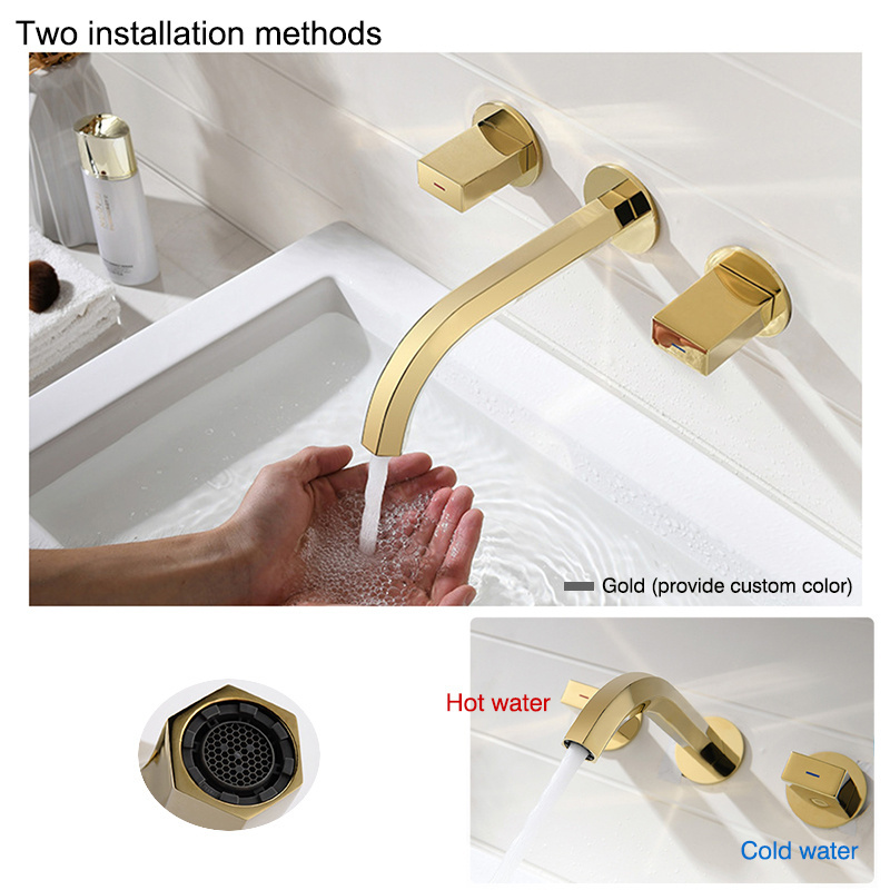 New Copper Brushed Gold Dark Wall-mounted Three-hole Bathroom Basin Faucet Hot and Cold Water Faucet