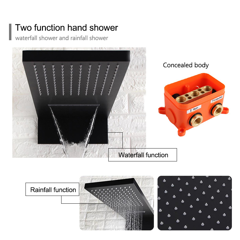 Wall Mounted Black Shower Faucets set Thermostatic Water Saving Top Rain Shower Head Square Bathroom Modern Shower