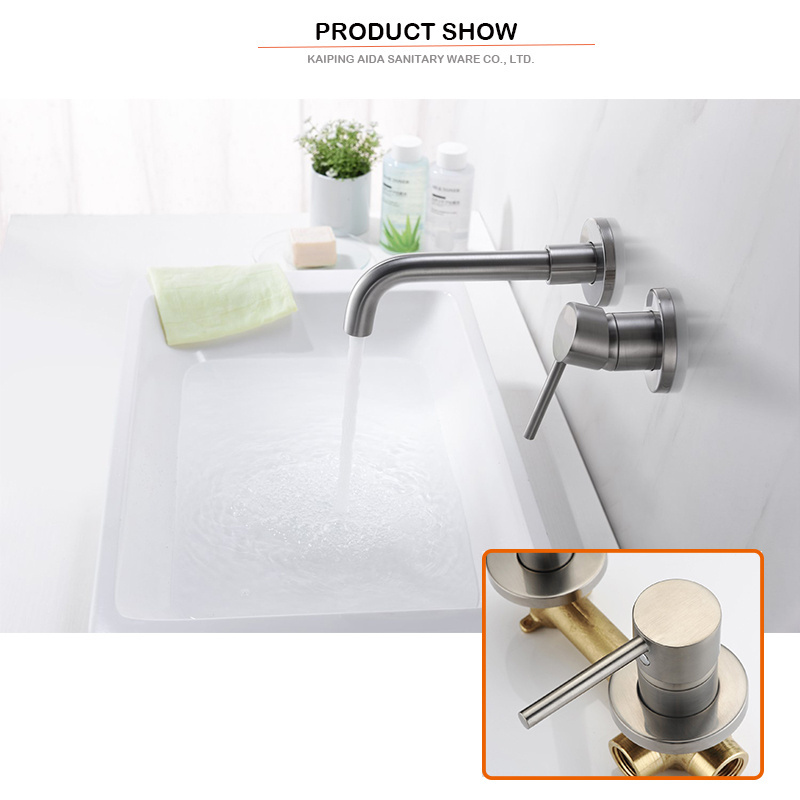 Wall Mounted 2 Handle Bathroom brushed nickel Basin Faucet Hot Cold Mixer Tap Dual Handle