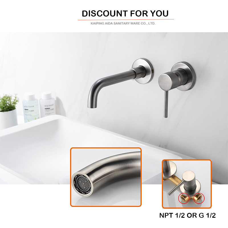 Wall Mounted 2 Handle Bathroom brushed nickel Basin Faucet Hot Cold Mixer Tap Dual Handle