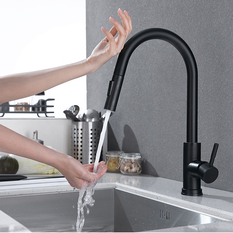 Popular Pull down SUS304 stainless steel  black brushed two functions sprayer kitchen sink touch sensor faucet