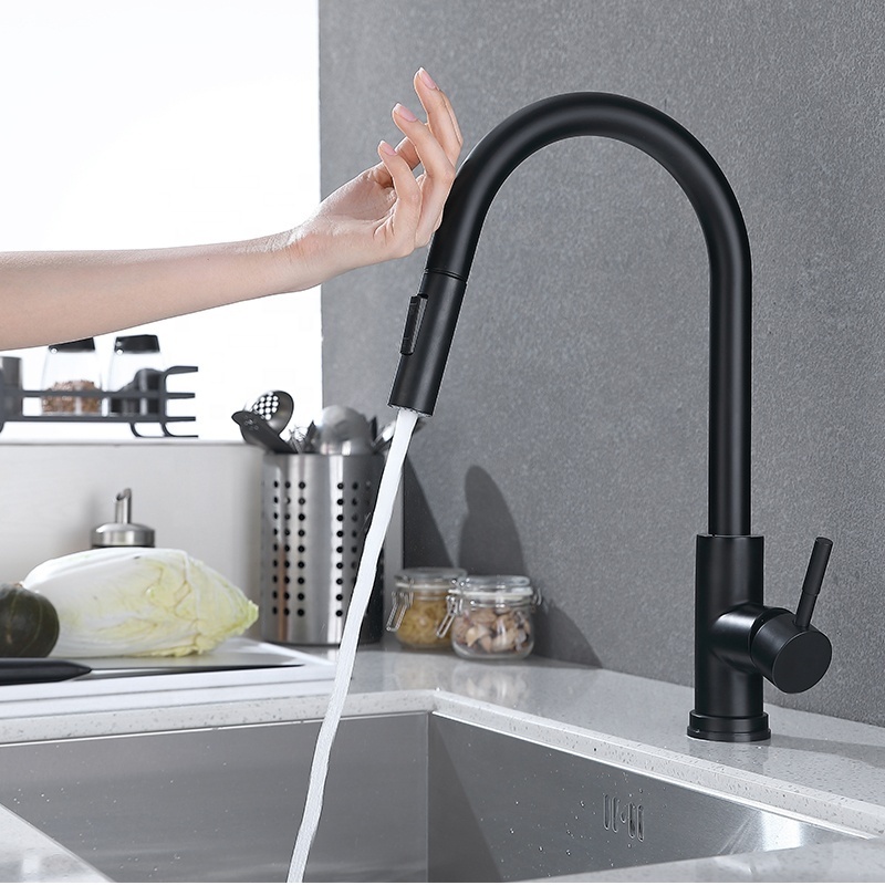 Popular Pull down SUS304 stainless steel  black brushed two functions sprayer kitchen sink touch sensor faucet