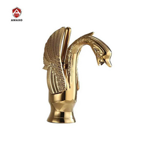 AMAXO Creative Gold Swan Shape Faucets For Kitchen Bathroom Golden Single Hole Basin Faucets