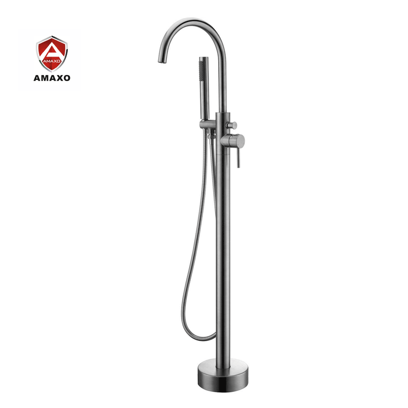 AMAXO Freestanding Bathtub Faucet Brushed Nickel Floor Stand Brass Single Handle Bathroom Faucet with Hand Shower