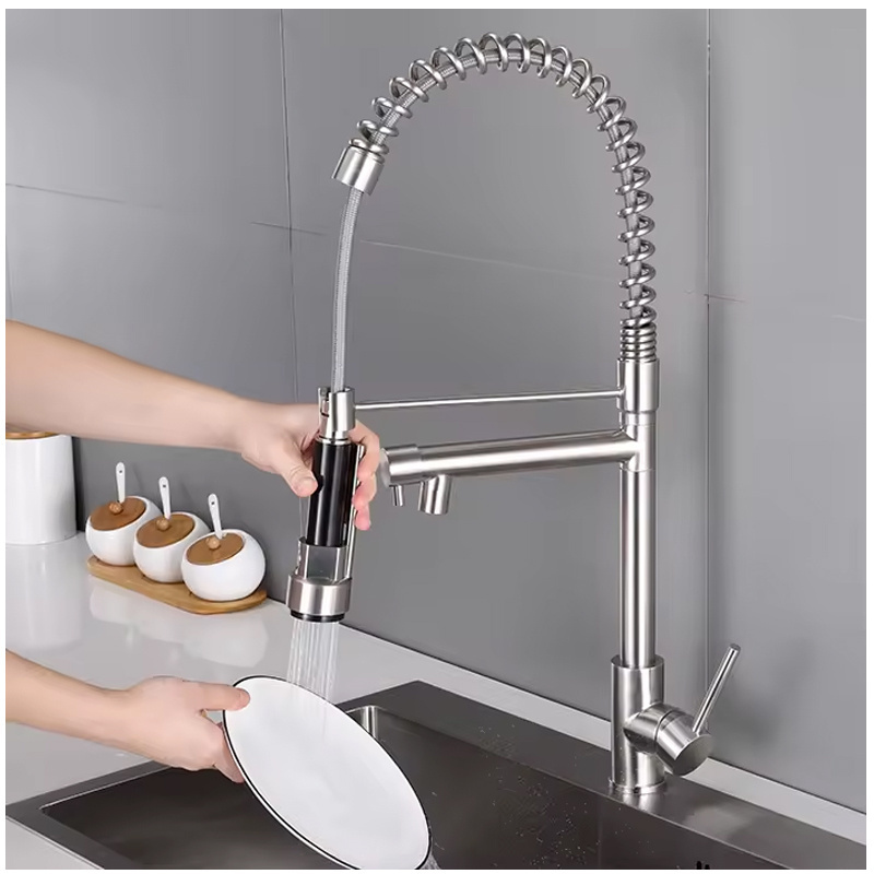 Stainless Steel 304 Brushed Nickel Torneira Gourmet Pull Down Kitchen Sink Faucets Pull Out Spring Kitchen Faucets