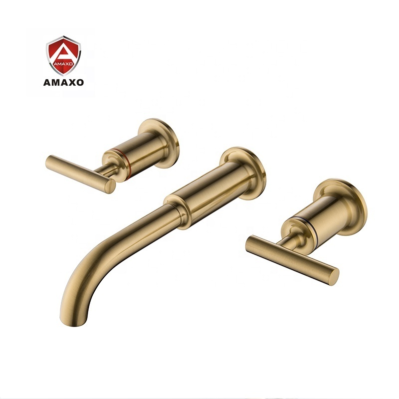 Solid Brass Bathroom Sink Faucet Brushed gold 2 Wheel Handles In Wall Mount Basin Mixer Tap