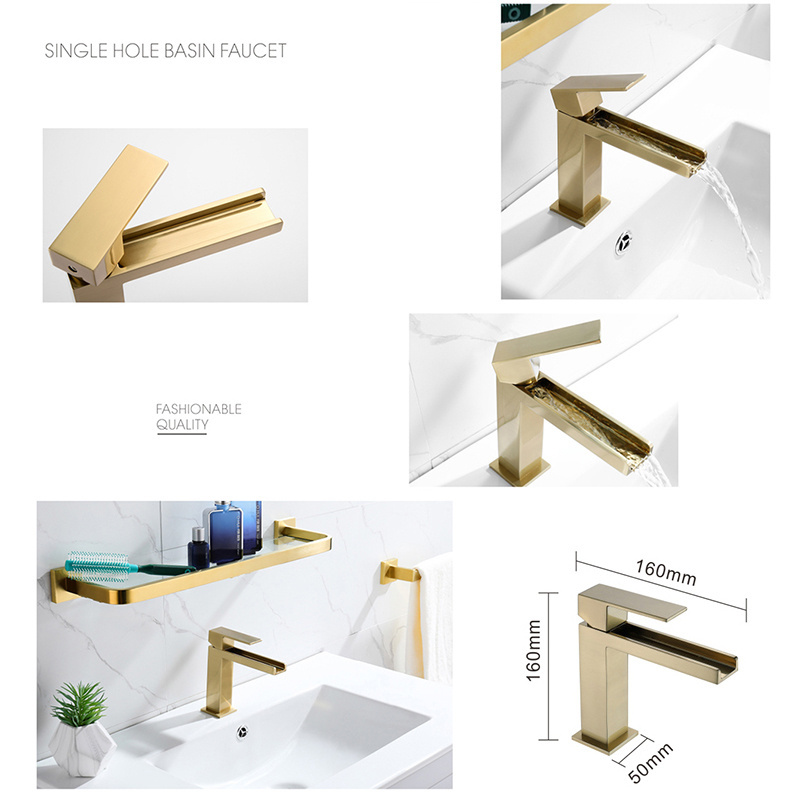 Basin faucet Health brass brush gold Waterfall Vanity Sink Basin Lead Free Water Faucet Parts bathroom sinks faucets