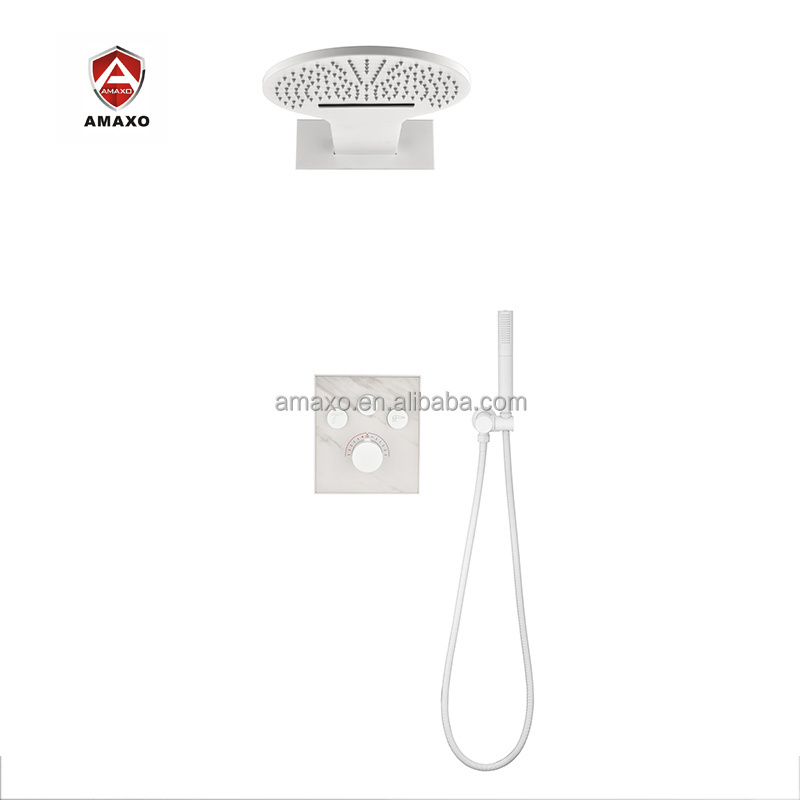 Rain And Waterfall Shower System Wall Mounted Shower Faucet Set  Matte White Thermostatic Shower System