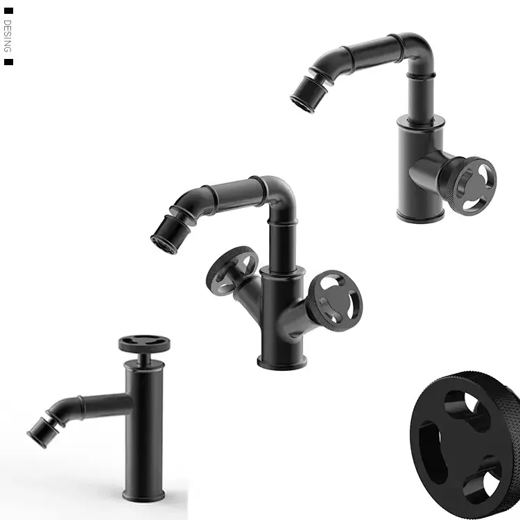 Aida Industrial Style Bathroom Sink Basin Taps Solid Brass Basin Faucet Black Wheel Switch American Tap Faucet