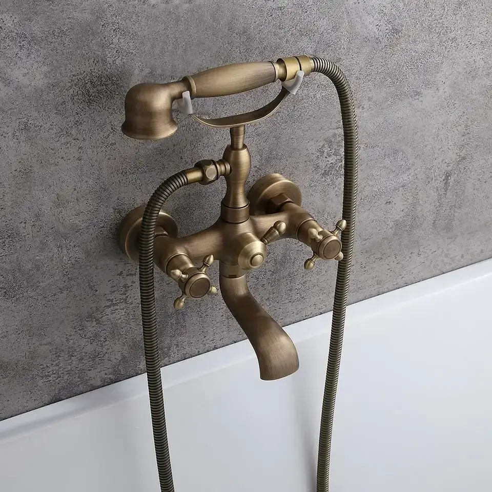 Aida  Clawfoot Hot & Cold Water Antique Brass Main Body Wall Mounted Bathtub Faucet with Hand Shower