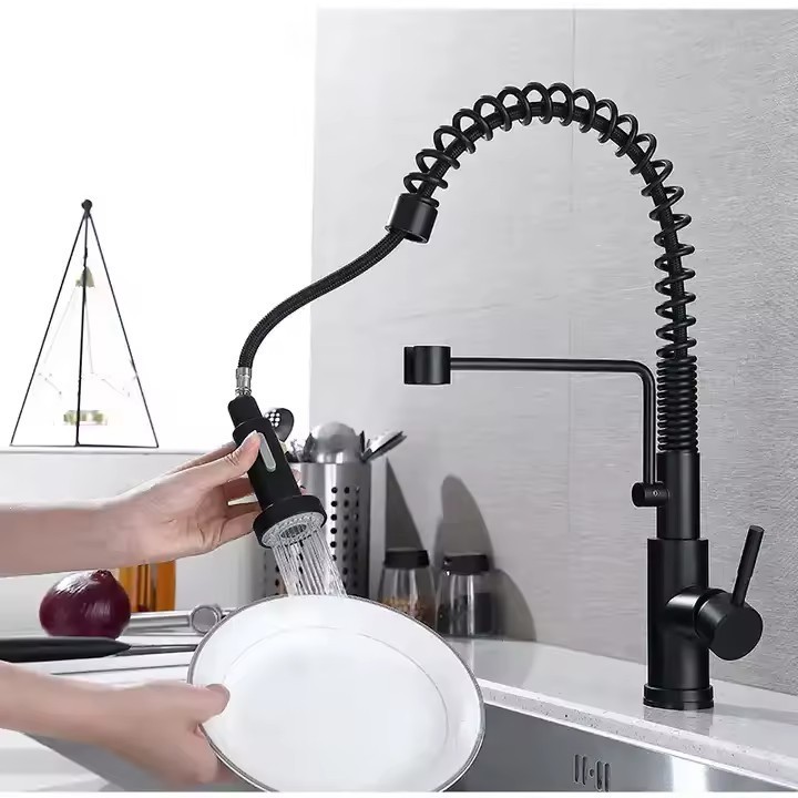 AMAXO  Black Pull Down Faucet Rotatable Double Outlet Retractable Universal  Kitchen Sink Tap Faucets