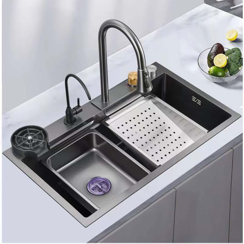 Full Whole Set Waterfall Kitchen Sink Stainless Steel Sinks Big Single Bowl with Dish Rack Under Mount Sinks