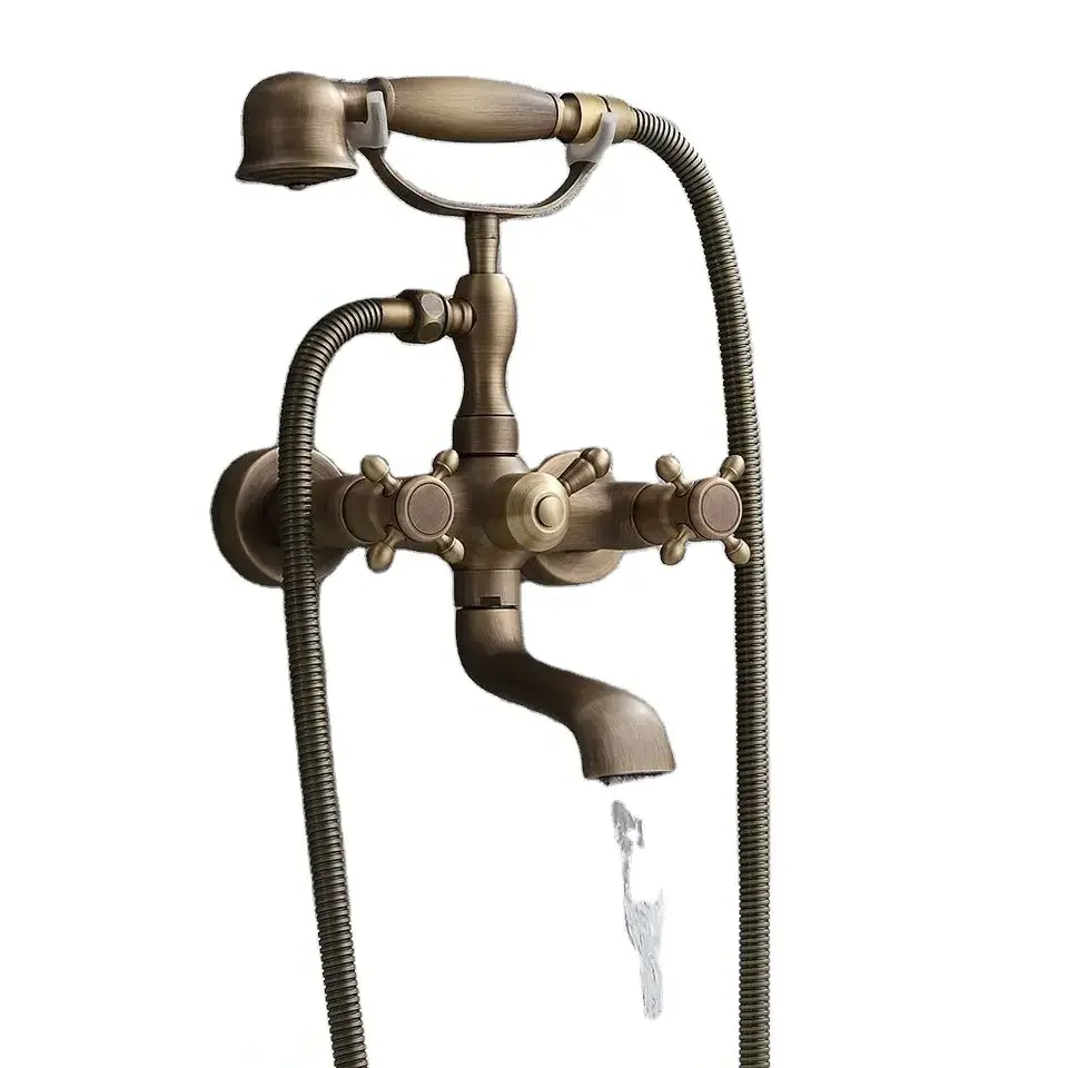 Aida  Clawfoot Hot & Cold Water Antique Brass Main Body Wall Mounted Bathtub Faucet with Hand Shower