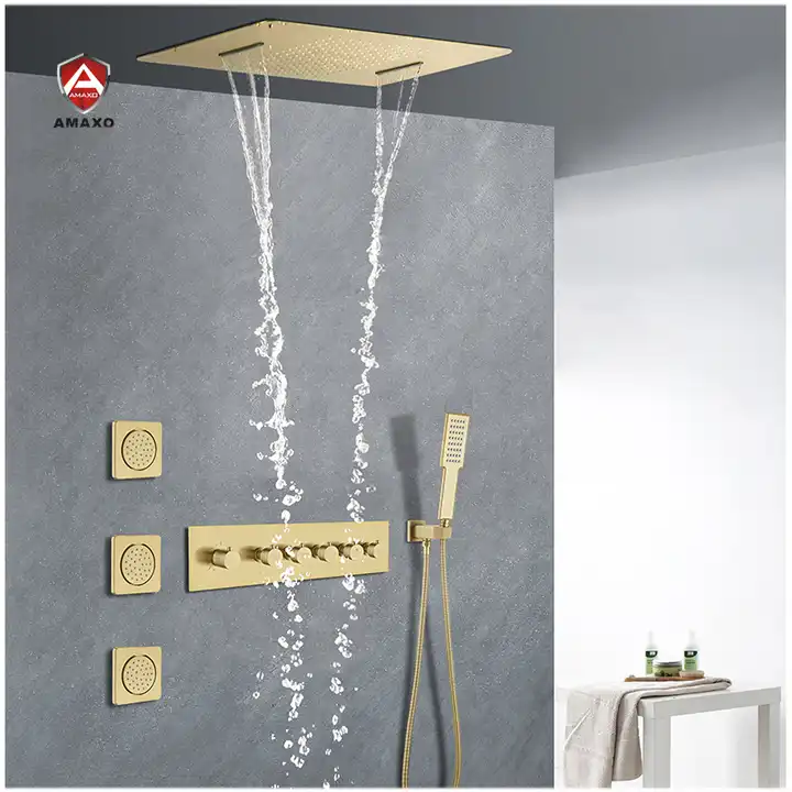 AMAXO Multi Function Brushed Gold Shower Diverter Valve  Brass Concealed Thermostatic Mixer Shower Control Valve Kit