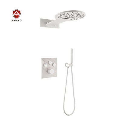 Rain And Waterfall Shower System Wall Mounted Shower Faucet Set  Matte White Thermostatic Shower System