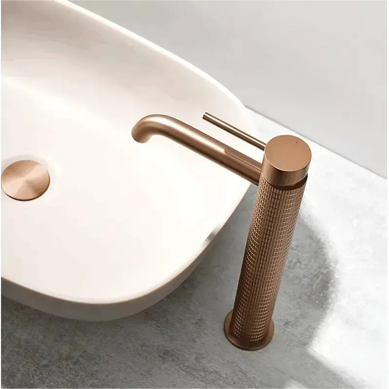 AMAXO Knurled Brass Waterfall Deck Mounted Bathroom Basin Faucet