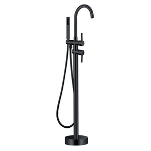 Brass Matte Black Floor Stand Bathtub Shower Mixer Floor Mounted Freestanding Bathroom Bathtub Faucet Set