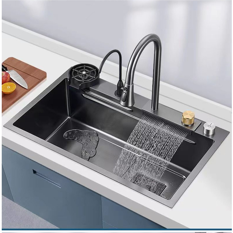 Full Whole Set Waterfall Kitchen Sink Stainless Steel Sinks Big Single Bowl with Dish Rack Under Mount Sinks