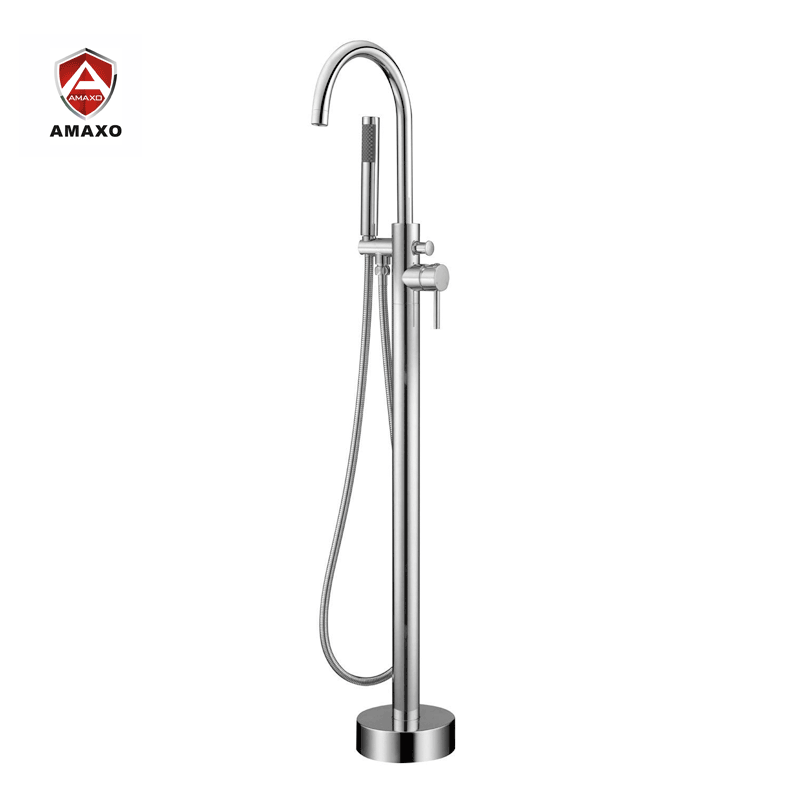 AMAXO Freestanding Bathtub Faucet Brushed Nickel Floor Stand Brass Single Handle Bathroom Faucet with Hand Shower