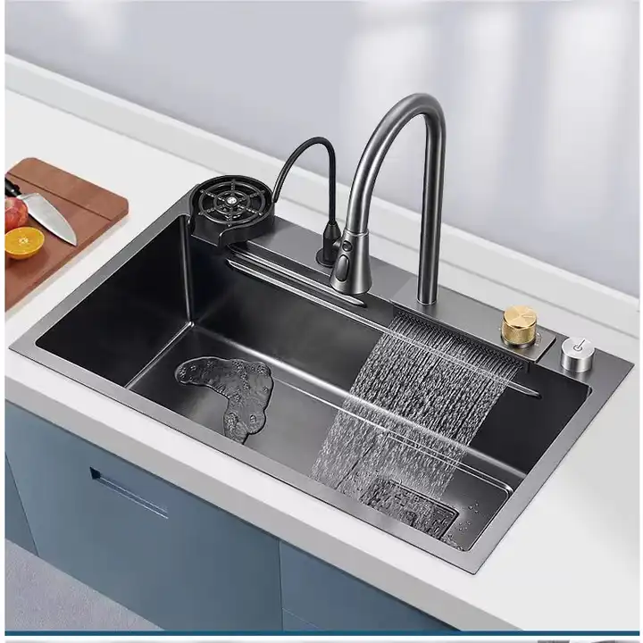 New Trend 304 SS Multifunctional One Piece Automatic Cup Washer  Two Waterfall Faucet Kitchen Sinks