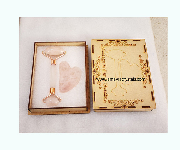 Gemstone Rose Quartz Massager And GuaSha Set with Customization wooden Box Crystal Stone face Massager Top Quality Original