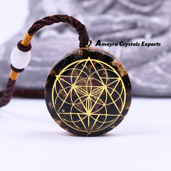 Orgonite Black Obsidian Sacred Geometry Pendant Wholesale Orgonite Products for sale Gemstone Slices From Amayra Crystal Exports