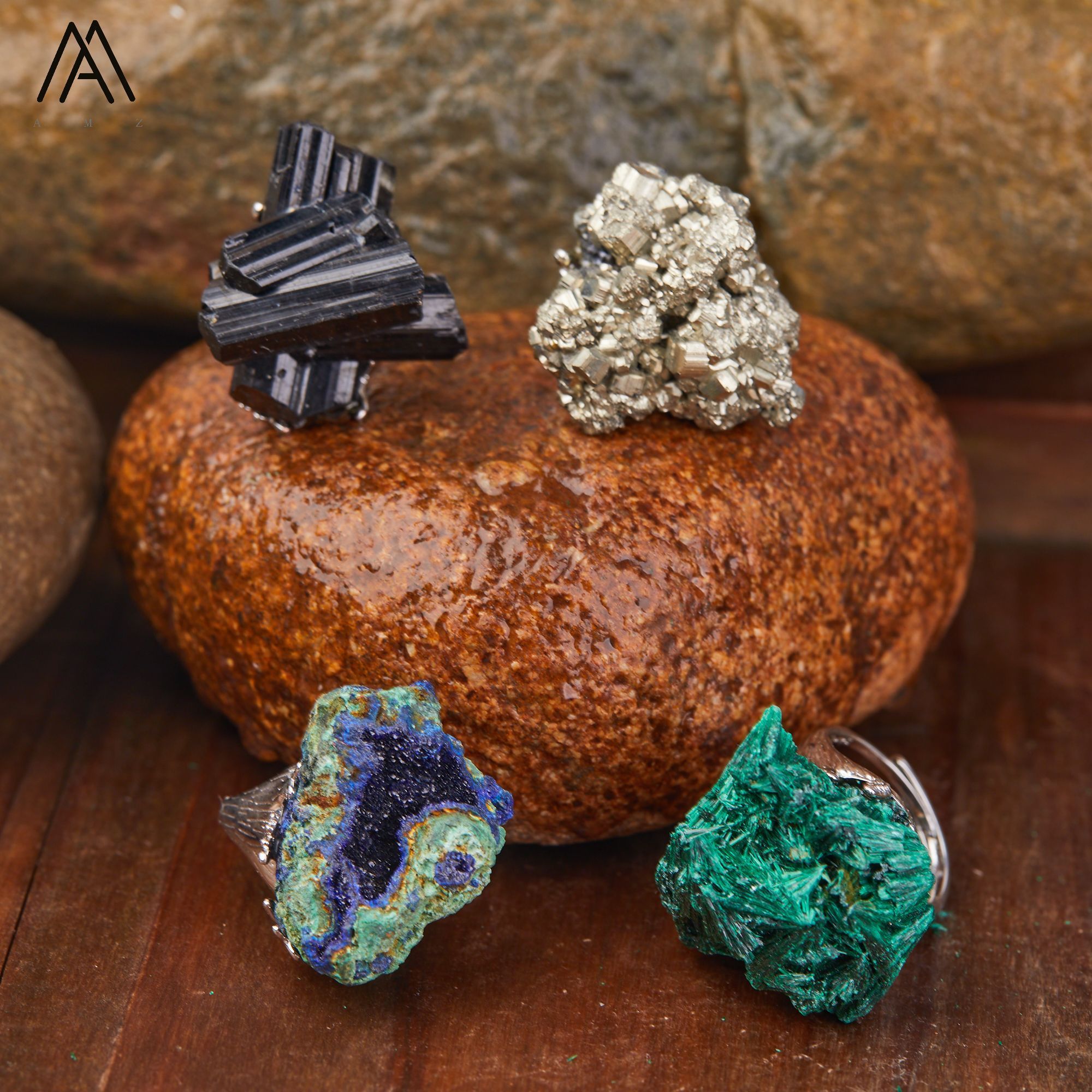 Raw Mineral Rings , Designer Men Ring , Silver , Rock Tourmaline Malachite Pyrite Chessylite Natural Stone Jewelry