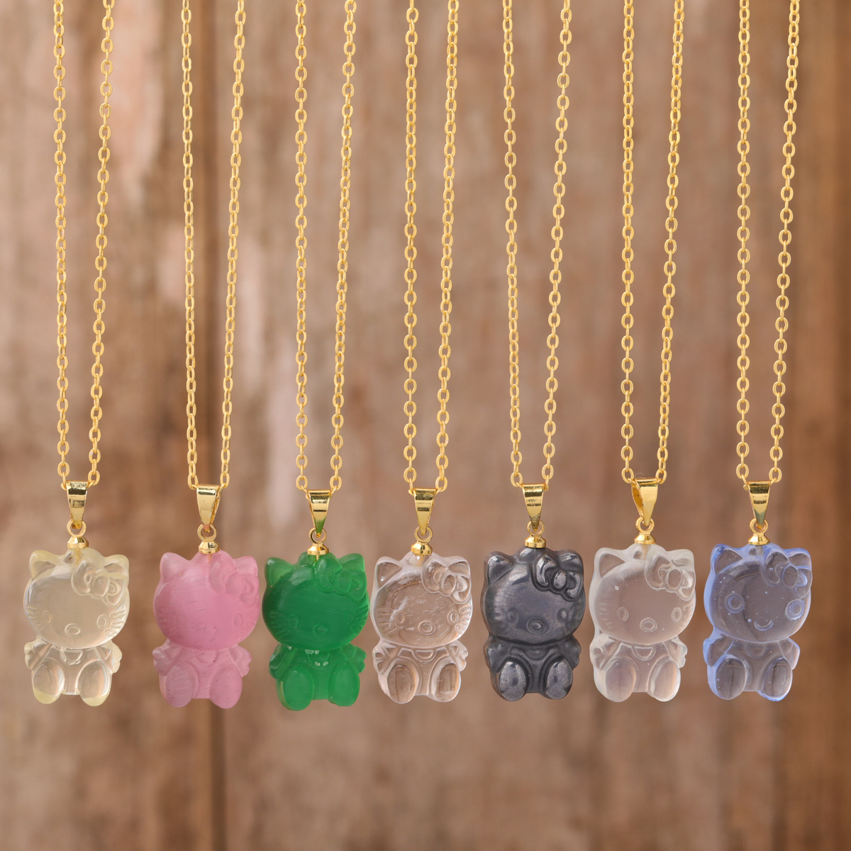 Mini Crystal Kitty Cat Pendant Necklace for Kids Girl Birthday Gift , Healing Stone Carving Necklaces Pretty Jewelry