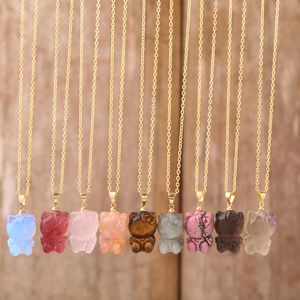 Mini Crystal Kitty Cat Pendant Necklace for Kids Girl Birthday Gift , Healing Stone Carving Necklaces Pretty Jewelry