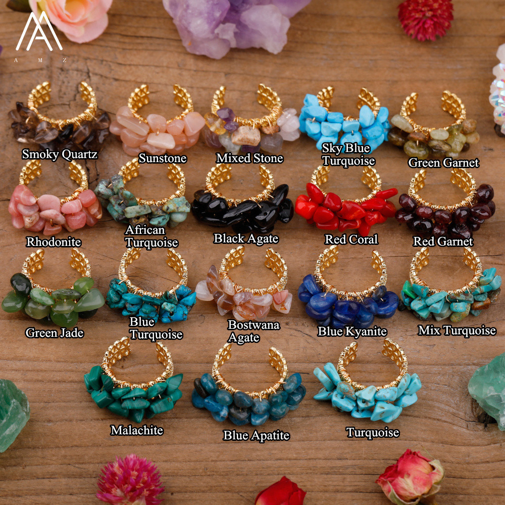 Boho Style Open Rings , Adjustable , Gold , Healing Crystal Natural Stone Chip Beads Ring Gifts