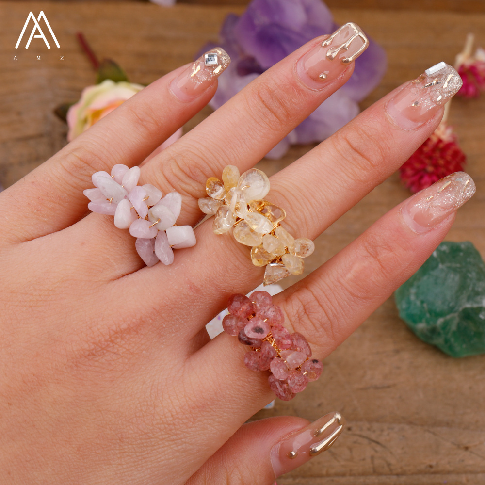 Boho Style Open Rings , Adjustable , Gold , Healing Crystal Natural Stone Chip Beads Ring Gifts