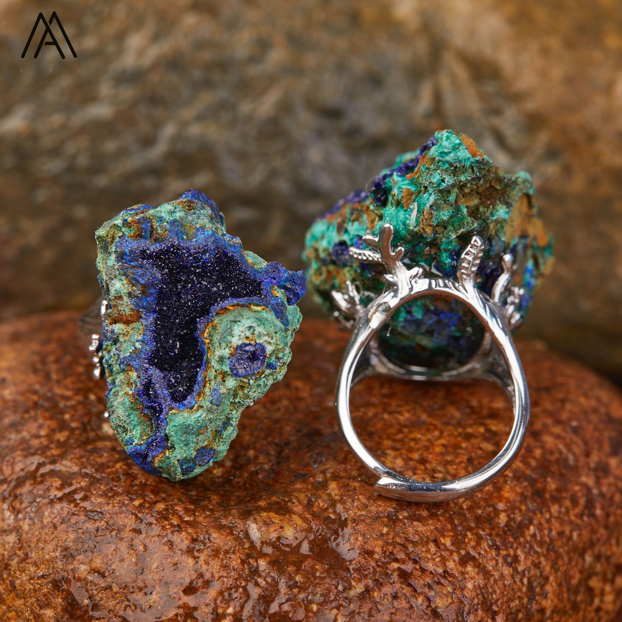 Raw Mineral Rings , Designer Men Ring , Silver , Rock Tourmaline Malachite Pyrite Chessylite Natural Stone Jewelry