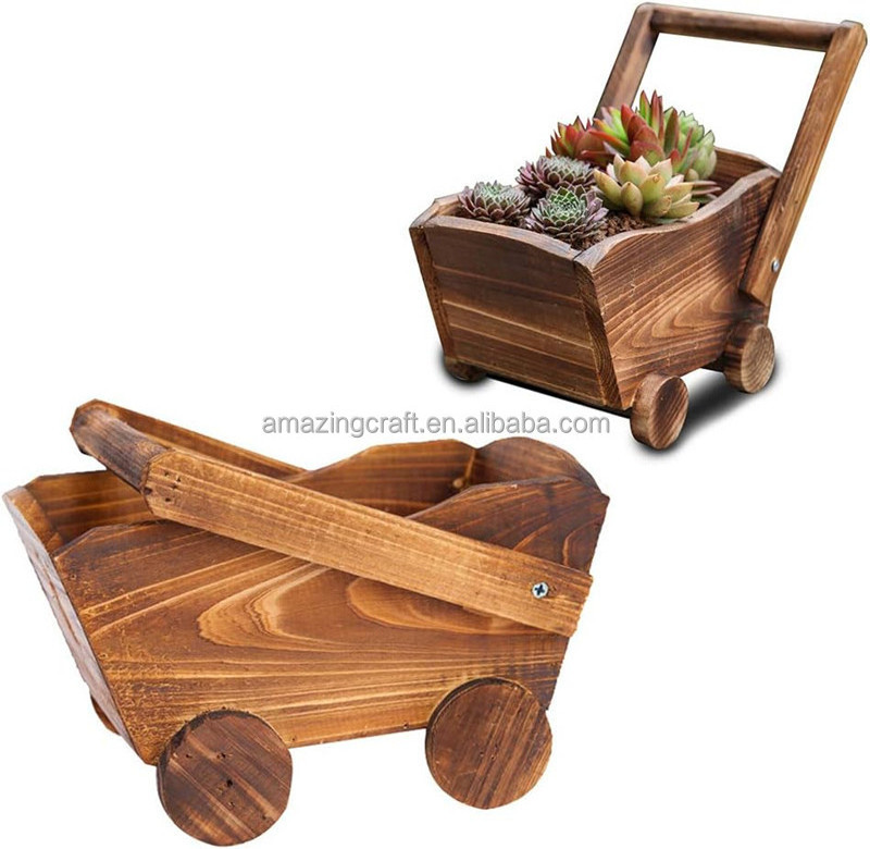 Handmade Wooden Wagon Cart Flower Planter Box with Wheels Solid Wood Burnt Rustic OEM Size