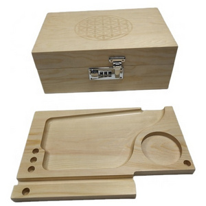 Wholesale OEM Cigar Wood Humidor Stash Box Herb Keepsake Jar Storage Pine Box with Rolling Tray Lock Set