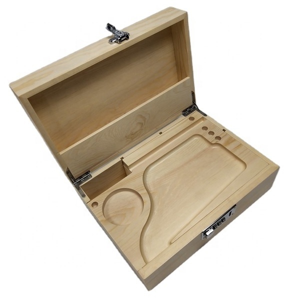 Wholesale OEM Cigar Wood Humidor Stash Box Herb Keepsake Jar Storage Pine Box with Rolling Tray Lock Set