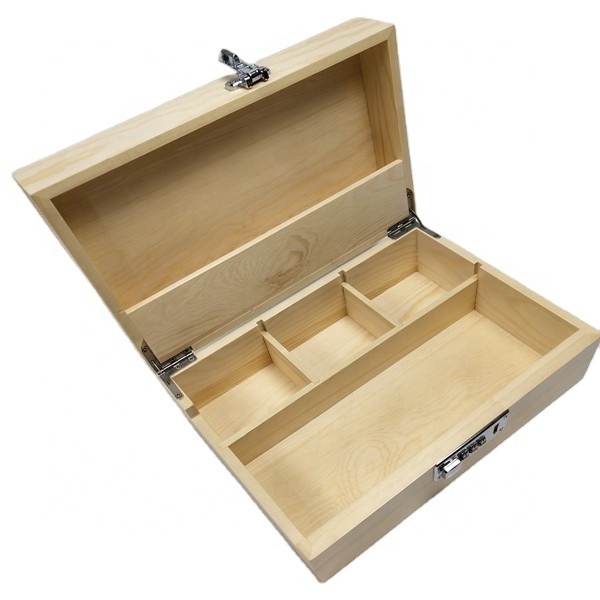 Wholesale OEM Cigar Wood Humidor Stash Box Herb Keepsake Jar Storage Pine Box with Rolling Tray Lock Set