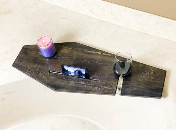 Coffin Shaped Bathtub Tray Rack with Glass Candle Holder Spooky Gothic Halloween Plaque Bathroom Home Decor