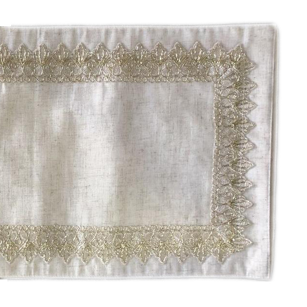 OWENIE royal standard size beige nature linen boho embroidered round linen burlap table runner with lace