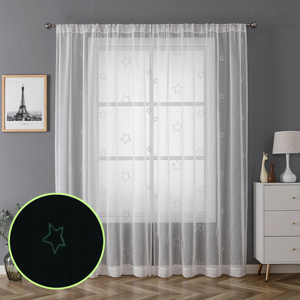 Star Glow Ready Made Curtain OWENIE Luminous Glow in the Dark Embroidery White Sheer Window Curtain