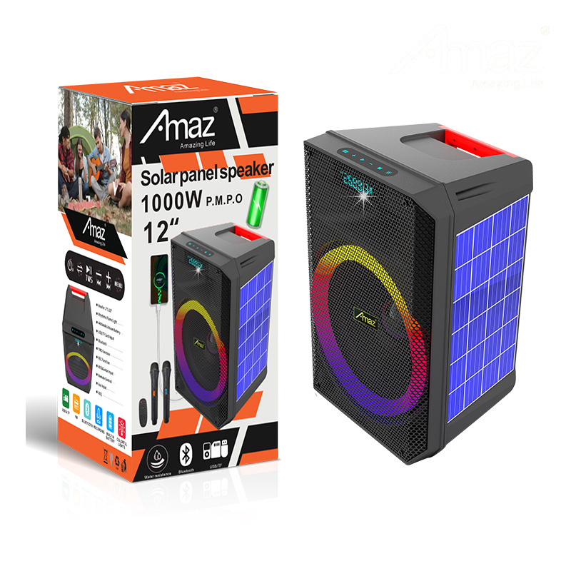 12-Inch Amaz Waterproof Bluetooth Solar Speaker LED Light Plastic Woofer Theatre Use DC Power Source Wireless Communication